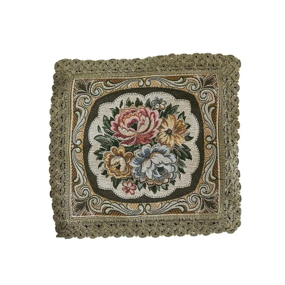 Floral Tapestry Decorative Mat Doily 8” Ornate Green Trim Victorian Cottage